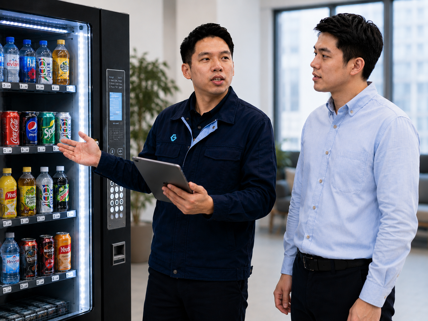 Business owner sharing vending machine details with a Gest Technology cashless payment specialist