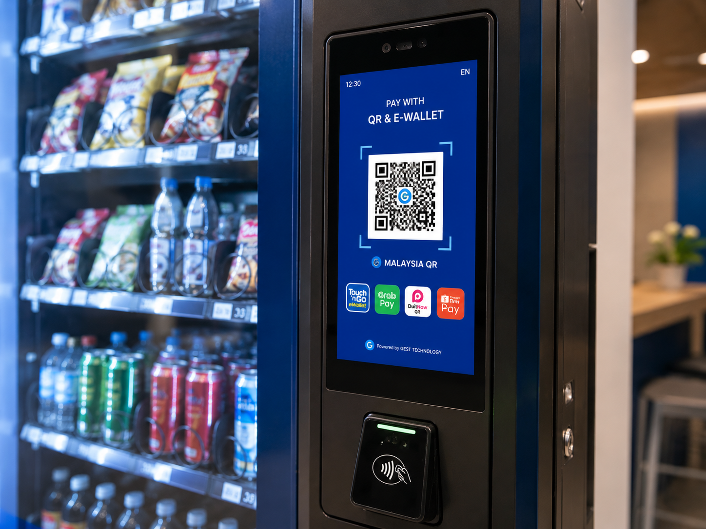 Cashless and QR payment setup on a Gest Technology vending machine in Malaysia